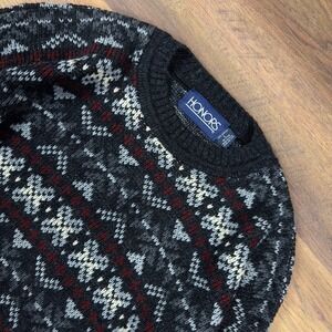 Vintage Honors Fair Isle Sweater Mens Large Charcoal Burgundy Made in USA Retro